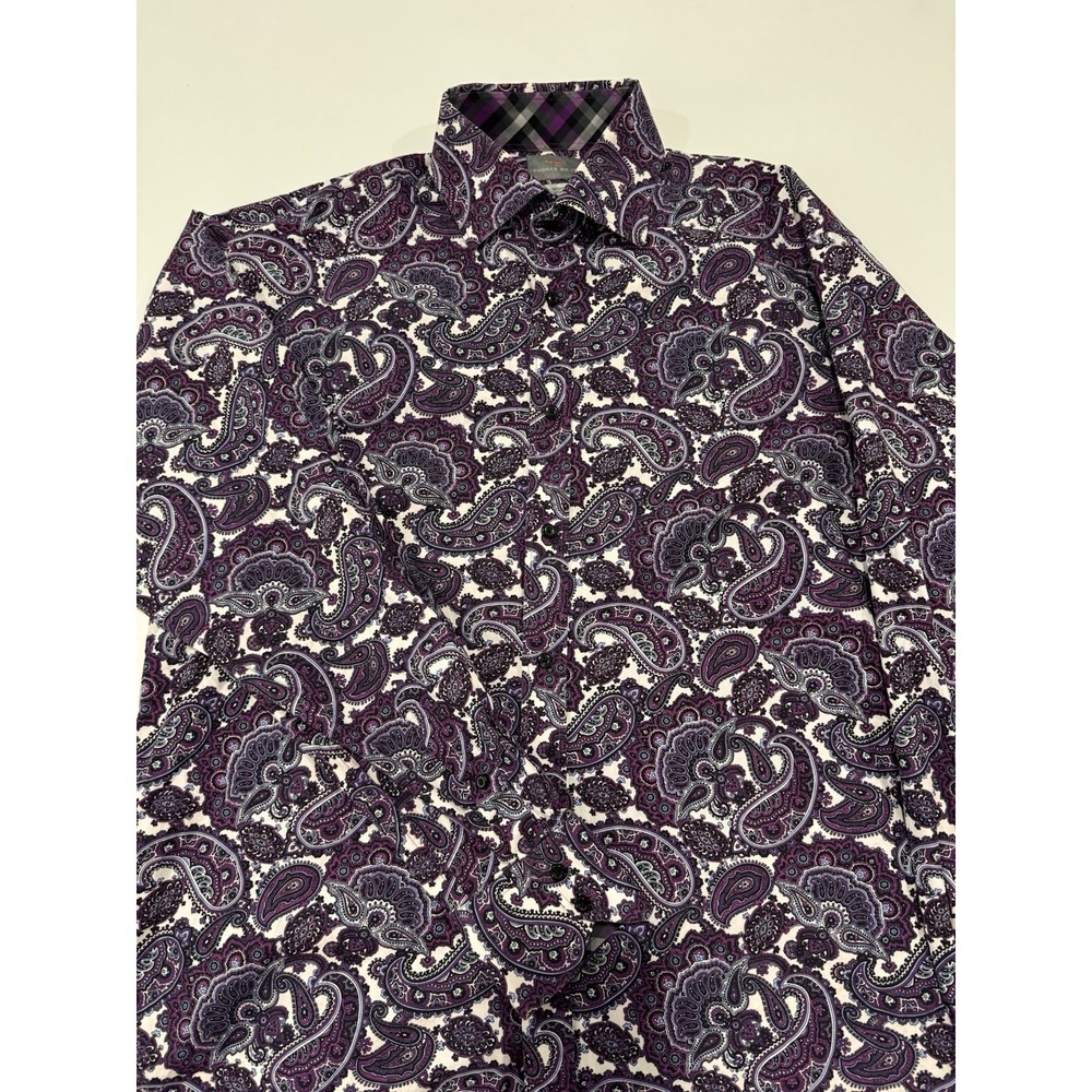 Thomas Dean Men's XL Purple Paisley Shirt 100% Cotton Long Sleeve Button Up
